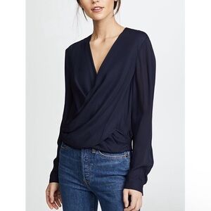 L'AGENCE dark blue Draped long sleeve Blouse snap back Size XS